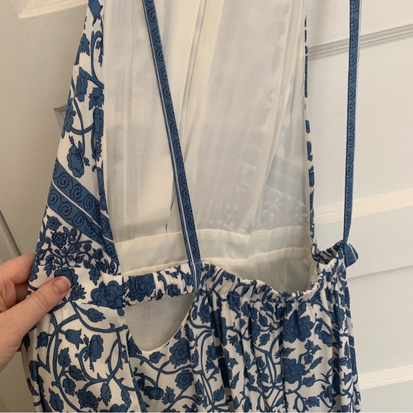 Ivory and blue maxi dress with high neck and open back, size M - Picture 3 of 7